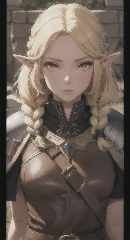 Ancient Hylian, Devine princess, Hylia, blonde, red eyes, bandit braids, looking at viewer, long messy hair, ancient Hyrule, lore accurate ancient leather armor,