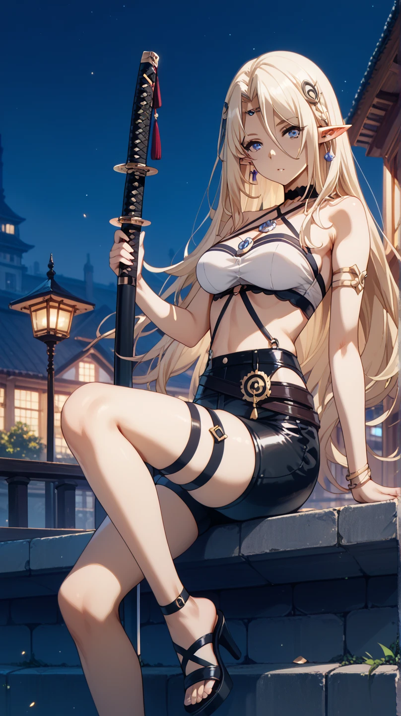 masterpiece, best quality, JingliuV5, 1girl, solo, gloves, gloves, dress, bare shoulders, closed mouth, boots, sky, black gloves, black footwear, blindfold, night sky, full moon, elbow gloves, armpits, arms up, ((chain, bound, restrained:1.3)), sitting, wariza, night, starry sky, sky, cowboy shot, view from below, far shot