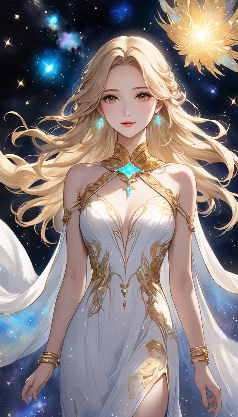  A fusion of ink painting and watercolor painting、 alone in space 、Beautiful Goddess、whole body、Golden Cape、 (White Long Dress Bioluminescent Dress)、Sleeveless、 gold bracelet、Blonde、  beautiful brown eyes、gentle and beautiful face 、 A bright light is emitting from the body、Countless stars and nebulae、masterpiece、 best quality 、