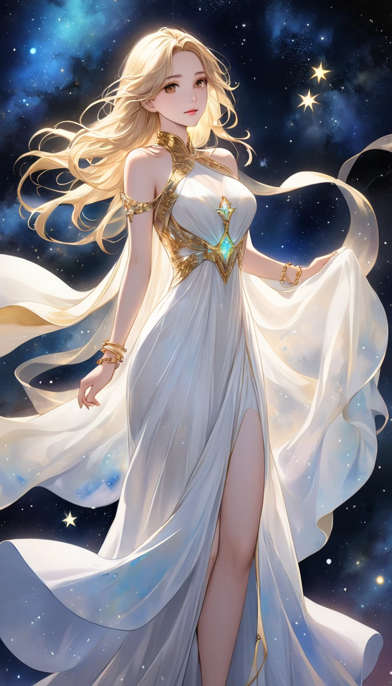  A fusion of ink painting and watercolor painting、 alone in space 、Beautiful Goddess、whole body、Golden Cape、 (White Long Dress Bioluminescent Dress)、Sleeveless、 gold bracelet、Blonde、  beautiful brown eyes、gentle and beautiful face 、 A bright light is emitting from the body、Countless stars and nebulae、masterpiece、 best quality 、