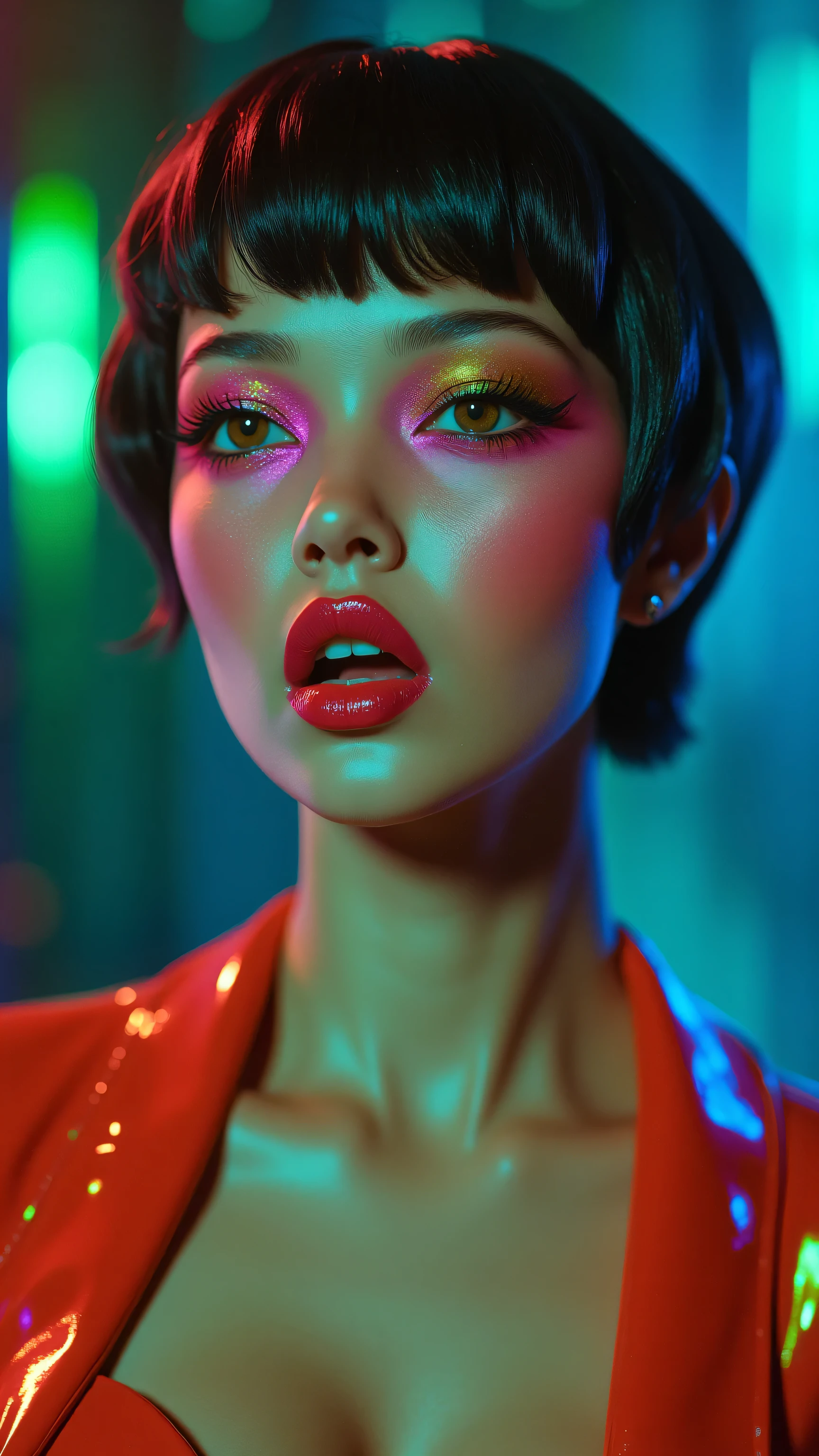 80’s glam rock makeup on shiny face, asian girl, anime, 2.5D, moody lighting, (green, pink, gold), pretty, sexy, minimal, sleek, slender, asian, elegant, futuristic, retro, sophisticated half human half machine, mouth open wide, Kizi，(eyes looking off to side), Highly detailed, Amazing work，Vitreous luster, blues, yellows, Best quality at best，shiny skin, no background, colorful background, green background, pink background, gold, background, plunging neckline, sexy pose, dynamic pose, heavy blushing, huge breasts, 