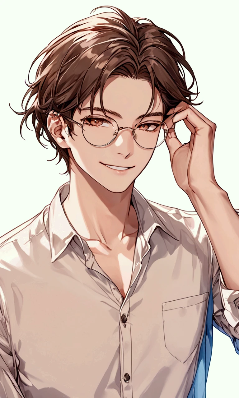 super detail, 1 man, handsome man, Delicate line drawing, white buttoned shirt, brown hair, shortcuts , Background Blur, smile, hand in own hair, wearing oval glasses with a lightweight plastic frame.