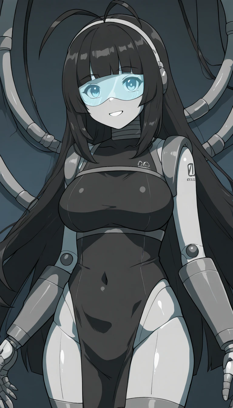 masterpiece, best quality, extremely detailed, (8K, 4K, Best Quality, hight resolution, 超A high resolution:1.1), ,8k portrait, Japaese android Girl,Plump , dark black leg cover,announcer,control panels,android,Droid,Mechanical Hand, Robot arms and legs, Black Robot Parts,Black long hair,Mechanical body,Blunt bangs,perfect mechanical abdomen,black robotics parts,perfect robot woman,future laboratory,cyber pank,charging spot,laboratory,long tube,thick cable connected her neck,black ceramic body ,perfect mechanical body, black robot body,lod antenna,mechanical ear cover,android,robot humanoid,black sponge joints,The removable cover is in the groin,The connection port is in the groin,opened chest panel,access panel on the chest,opened breast panel,perfect mechanical breast,perfect black machine body,perfect black android body,She has repaired,assembly plant,no human skin,visor,mistyrobot,,smile,spread arm,robot joint,doll joint,robotization,mecha musme,robot transformation,dress,android,fellatio,yuri,lesbian