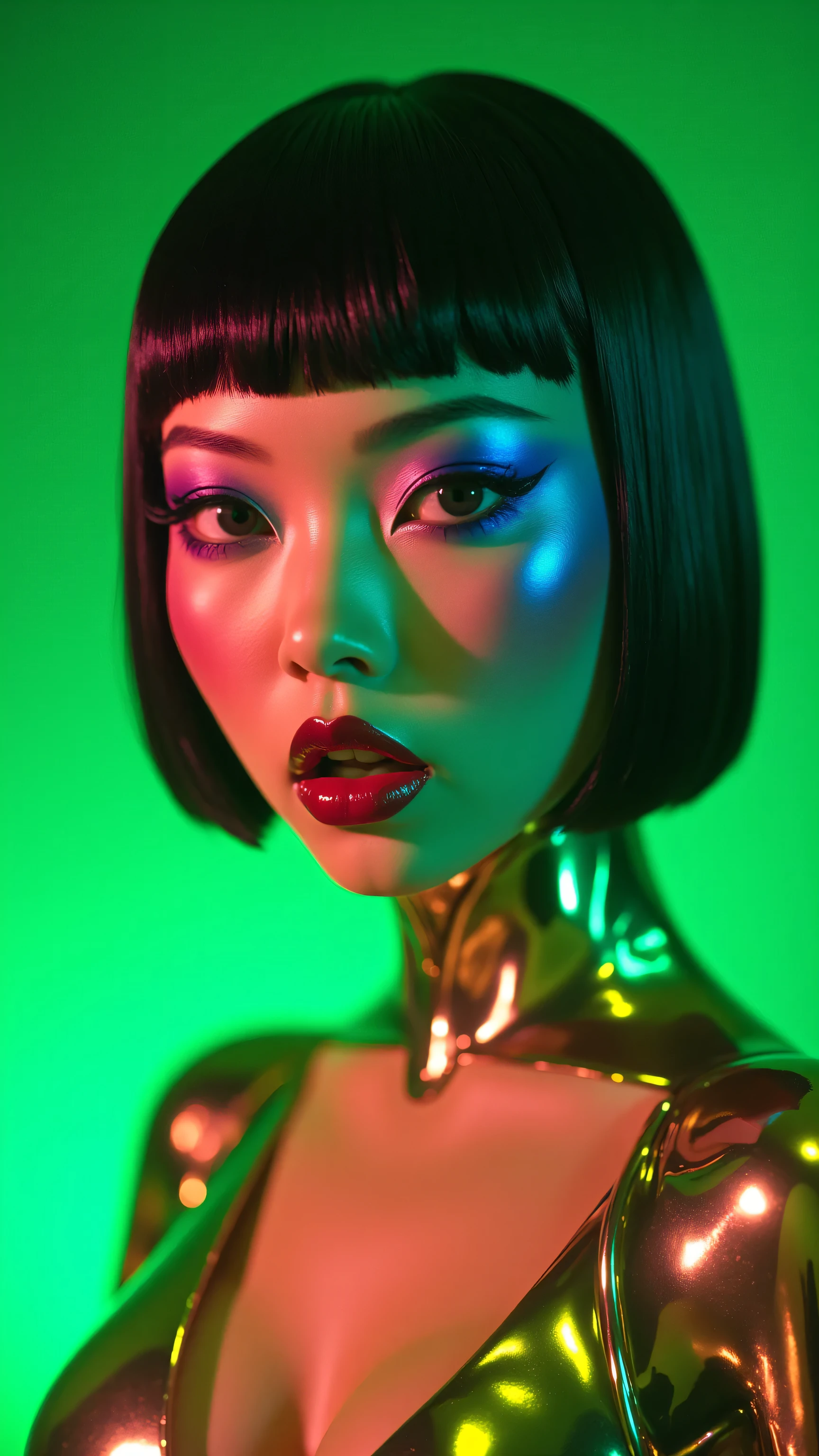 80’s glam rock makeup on shiny face, asian girl, anime, 2.5D, moody lighting, (green, pink, gold), pretty, sexy, minimal, sleek, slender, asian, elegant, futuristic, retro, sophisticated half human half machine, mouth open wide, Kizi,(eyes looking off to side), Highly detailed, Amazing work,Vitreous luster, blues, yellows, Best quality at best,shiny skin, no background, colorful background, green background, pink background, gold, background, plunging neckline, sexy pose, dynamic pose, heavy blushing, huge breasts,