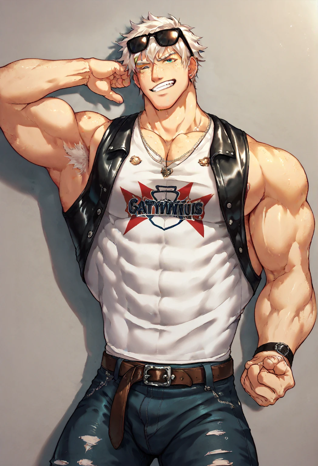 (masterpiece, Highest quality:1.2), Cowboy Shot, alone, Men's Center, One boy, sky \(Kingdom hearts\),Muscular body, Hall々A muscular body, Hall々A clean-cut appearance, Muscular arms, Muscular legs, only a main part, Trapezoidal fuselage, Rugged body, Muscular body, Round and fleshy pectoral muscles, Defined Abs, Defined Weapons, defined legs, Flex your muscles and laugh, View your viewers, Arms crossed, Hooded jacket, Huge penis,Big cock