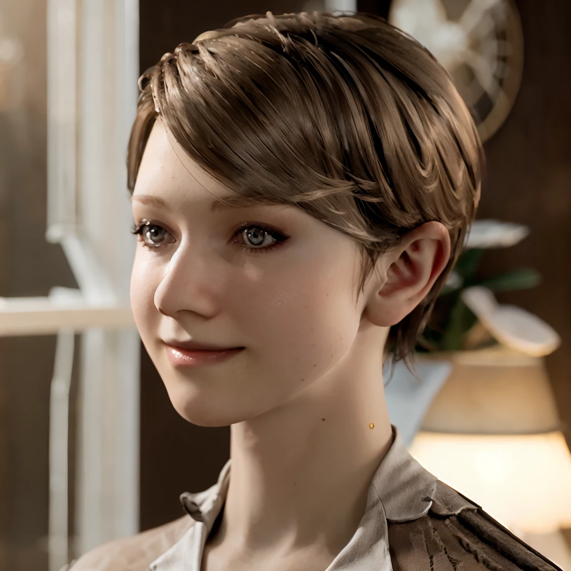 detailed face,((fullbody)),8k, RAW photo, best quality, masterpiece:1.2, DBHKara, 1girl, short hair, blonde hair,nsfw,smile,((nude)),masterpiece, Highest quality, Ultra-high resolution, Realistic, Kara Detroit Short Hair,Brown Hair,Long eyelashes, Part your lips, Earrings, Very luxurious, Fine, shiny skin, whole body, 