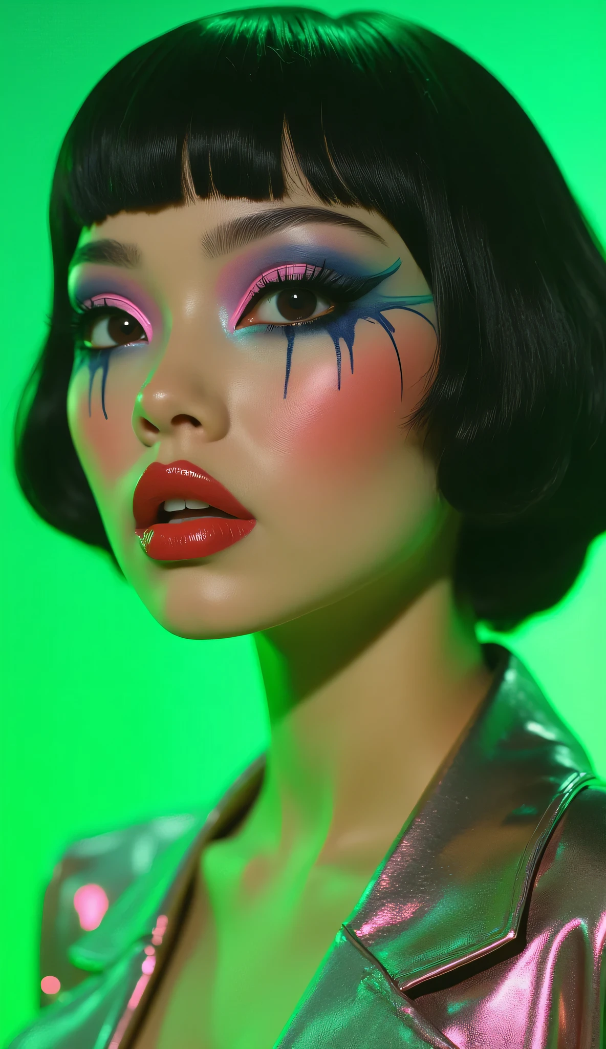 80’s glam rock makeup on shiny face, asian girl, anime, 2.5D, moody lighting, (green, pink, gold), pretty, sexy, minimal, sleek, slender, asian, elegant, futuristic, retro, sophisticated half human half machine, mouth open wide, Kizi,(eyes looking off to side), Highly detailed, Amazing work,Vitreous luster, blues, yellows, Best quality at best,shiny skin, no background, colorful background, green background, pink background, gold, background, plunging neckline, sexy pose, dynamic pose, heavy blushing, huge breasts,