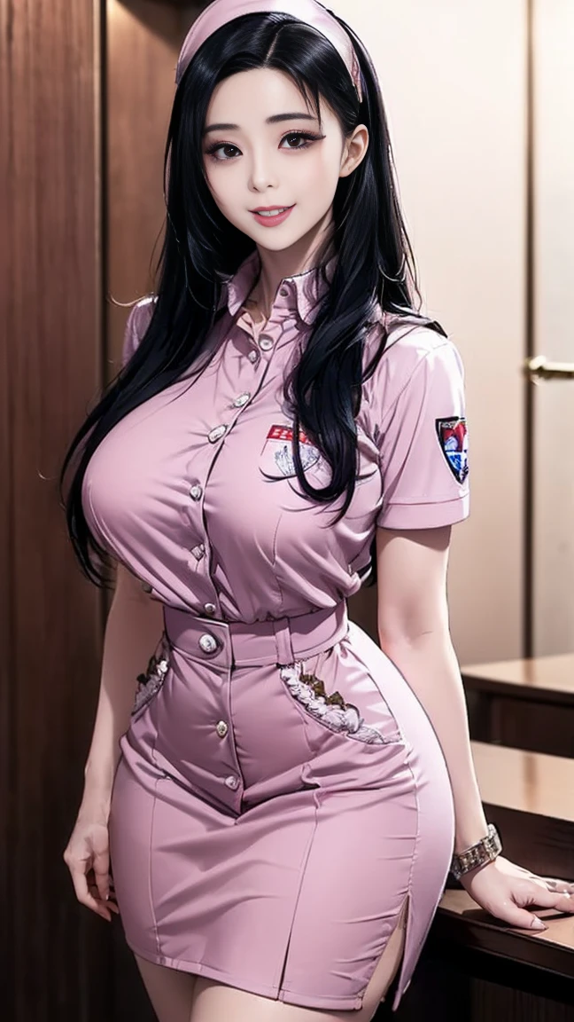 (masterpiece, best quality, ultra high res, beautiful detailed hair detailed face, perfect feminine face), cute anime girl in nurse wearing, short sleeves, nurse hat, straight black hair, black eyes, almond-shape eyes, big red lips, flushed, blushed, light particle, sparkling particle