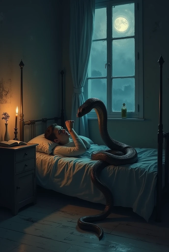  Snake in the brain, back light  , dramatic ((masterpiece, Highest quality, Best image quality, High resolution, Realistic, RAW Photos, 8k)), ((Highly detailed CG synthesis 8k wallpaper)), (lean and slim, Very depressed face, 
Perfect Proportions, Beautiful body, Slim body beauty:1.4), The body of a college boy lying in bed ,  in green light, seen from below,