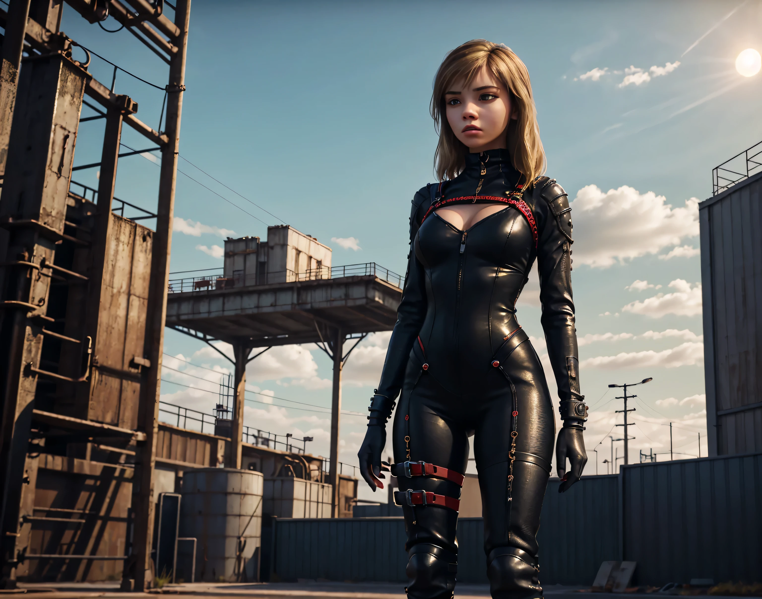 A powerful, futuristic female warrior standing confidently against a bright sky background. She has braided golden hair flowing dynamically in the wind. She wears a sleek black bodysuit with red accents, featuring detailed buckles and straps across her torso and legs, emphasizing a cyberpunk-inspired aesthetic. Her boots are tall, laced-up in red with platform heels, complementing her outfit. The background shows metallic structures or machinery, adding an industrial, sci-fi atmosphere to the scene. The lighting highlights the intricate textures of her outfit, making her appear strong and determined.