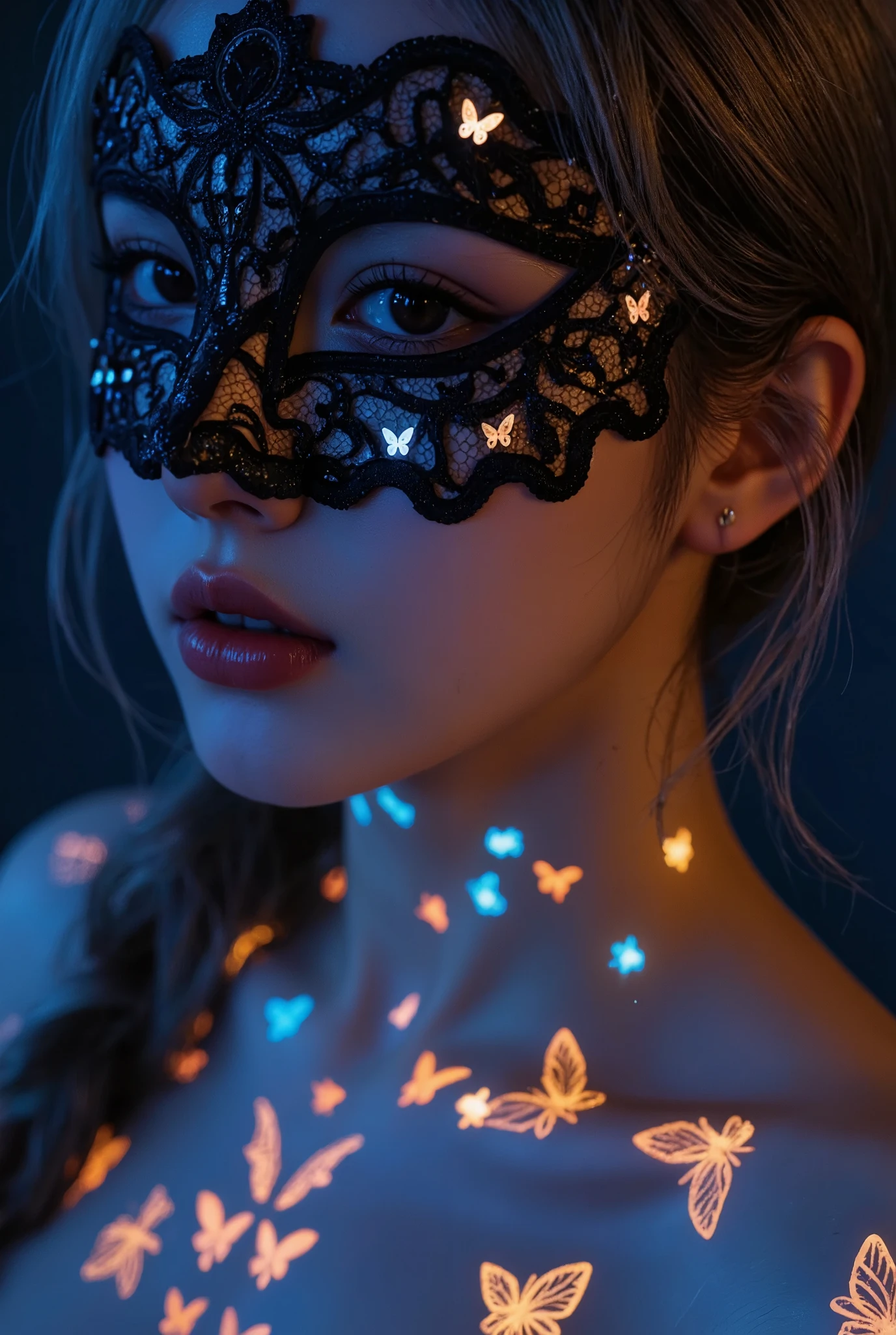 Close-up of a woman's face, focusing on her right side, wearing an ornate, intricate masquerade mask that covers her eyes and upper nose. The mask is detailed with lace-like patterns, embedded with small glowing lights and tiny luminescent butterflies, primarily in blue and orange hues. The mask has an elaborate design that merges seamlessly with her skin, which is illuminated with bioluminescent patterns glowing in shades of blue and orange, covering her neck, shoulders, and chest. Her lips are slightly parted, showing a natural yet deep shade, and her skin has a smooth, porcelain-like texture. Her hair is curly, slightly visible around the mask, and has a soft, silver-blonde color that subtly reflects the glowing lights. The image is highly detailed, with a focus on textures and light, creating a surreal, ethereal atmosphere. The background is dark, making the glowing elements on her face and body stand out, enhancing the mysterious and mystical mood. detailmaximizer,
