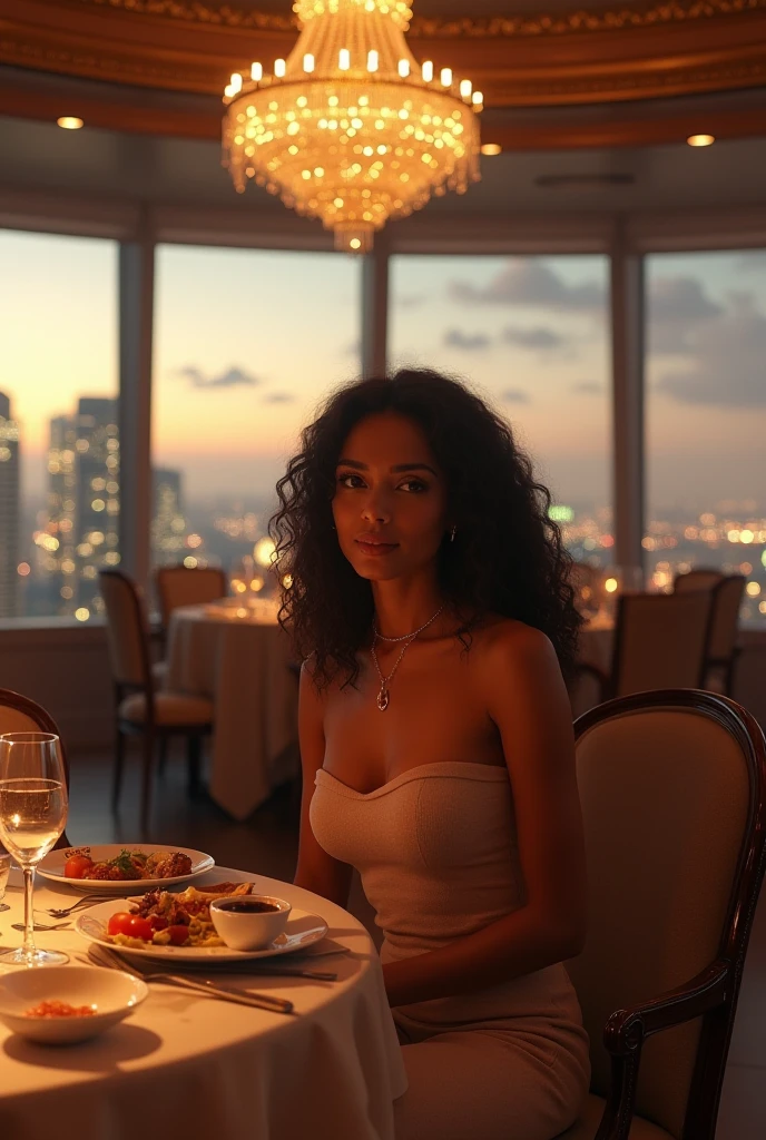 Cardi B, 40 years old, (plus size), she is wearing warm clothes sitting at a table on a terrace of a restaurant at the top of a building, observing a night in São Paulo, nikon d850