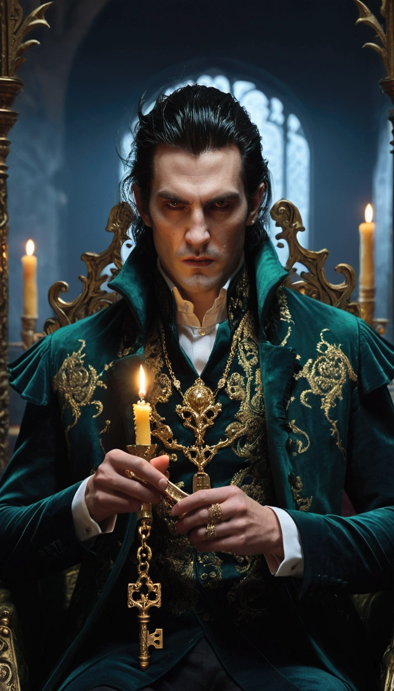 A vampire man,    sitting on a dark green velvet throne   , wearing a dark teal coat   ,    adorned and embroidered with gold and metallic arabesques   .    The coat is accented by golden details   ,    that resembles an intricate dragon embroidery on gold thread  .    He also wears a matching vest and a tie with ruffles   .    His hair is dark   , carefully combed.    Her expression is intense   , macabre, real cases  ,    and showing off its very long fangs in a biting motion  .   Holding a golden object    (   similar to an exquisitely ornamented miniature antique key   ) in your hands.    The room is dimly illuminated by candles   ,    creating a warm glow with a dark and dramatic atmosphere   .    The background of the throne is rich and dark   ,    with very high backrest and touches of Gothic aesthetics   .    Hyperrealistic representation of the fabrics and details   ,    highlighting textures and shadows   .    Include detailed elements such as embroidered patterns   , jewelry, .    Focus on the man's facial expression and posture to convey a sense of power and mystery.    Use Strong Colors   ,    deep shadows   ,    and a warm neon light reflected by the candles   .