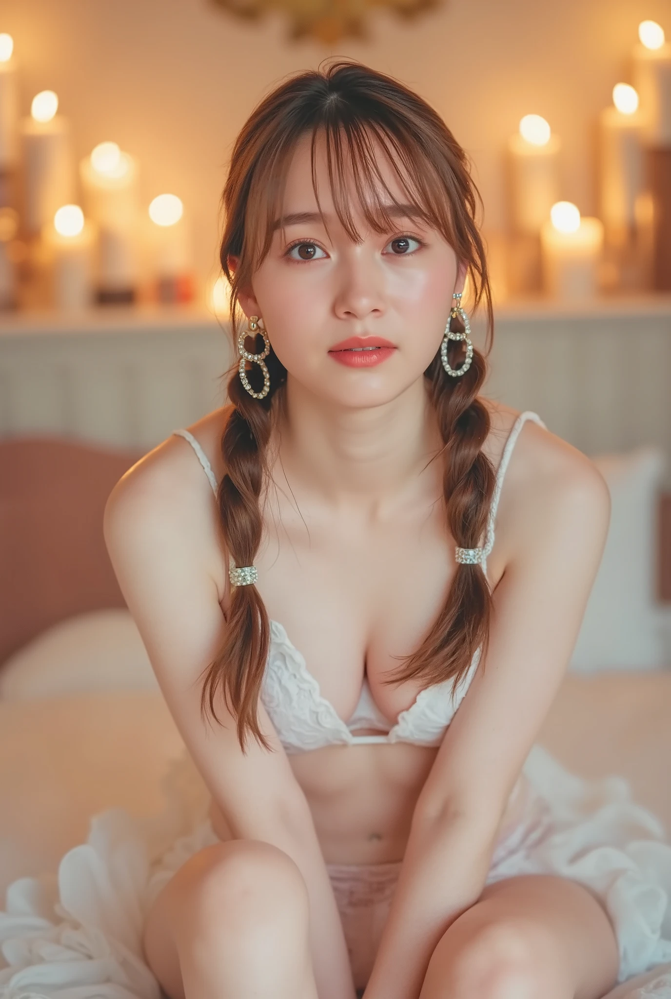 1 girl, Sexy 18 year old girl, nakedの女の子, braids, beautiful face, nice, beautiful, beautiful, beautiful face, blue-white skin, parts, Blonde, blue eyes, Perfect, glowing lips , Big Lips, Thick lips, half-open lips , pale pink lip gloss , mask , skinny thighs, petite body, , skinny, flat chest, skinny, big boobs, body(body heigth:), Big Head, innocent expression , Young Face, long pink nails, choker , Legs and High Heels HD , Large hoop earrings (( pink high heels 、 sexy distressed denim shorts)) sweated, sitting in a bedroom with candles and soft warm light. The colors in the room are pink and white , perfect eyes , very detailed eyes, beautiful and expressive , detailed eyes , 35mm Photography, movie, Bokeh, professional , 4K, highly detailed and dynamic lighting, photorealistic, 8k, born, Rico, intricate detail , naked, topless