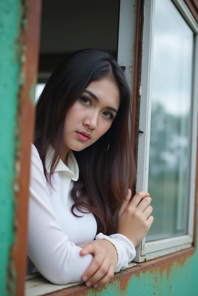 Captured at eye-level, a close-up shot captures a young Asian woman with long dark brown hair, wearing a white long-sleeved shirt with a white collar. She is leaning her head out of a rusted window, with her left hand resting on the side of the window. The window is slightly open, allowing the woman to see the reflection of the cloudy sky. The woman's left hand is resting on a green wall, adding a touch of warmth to the scene.