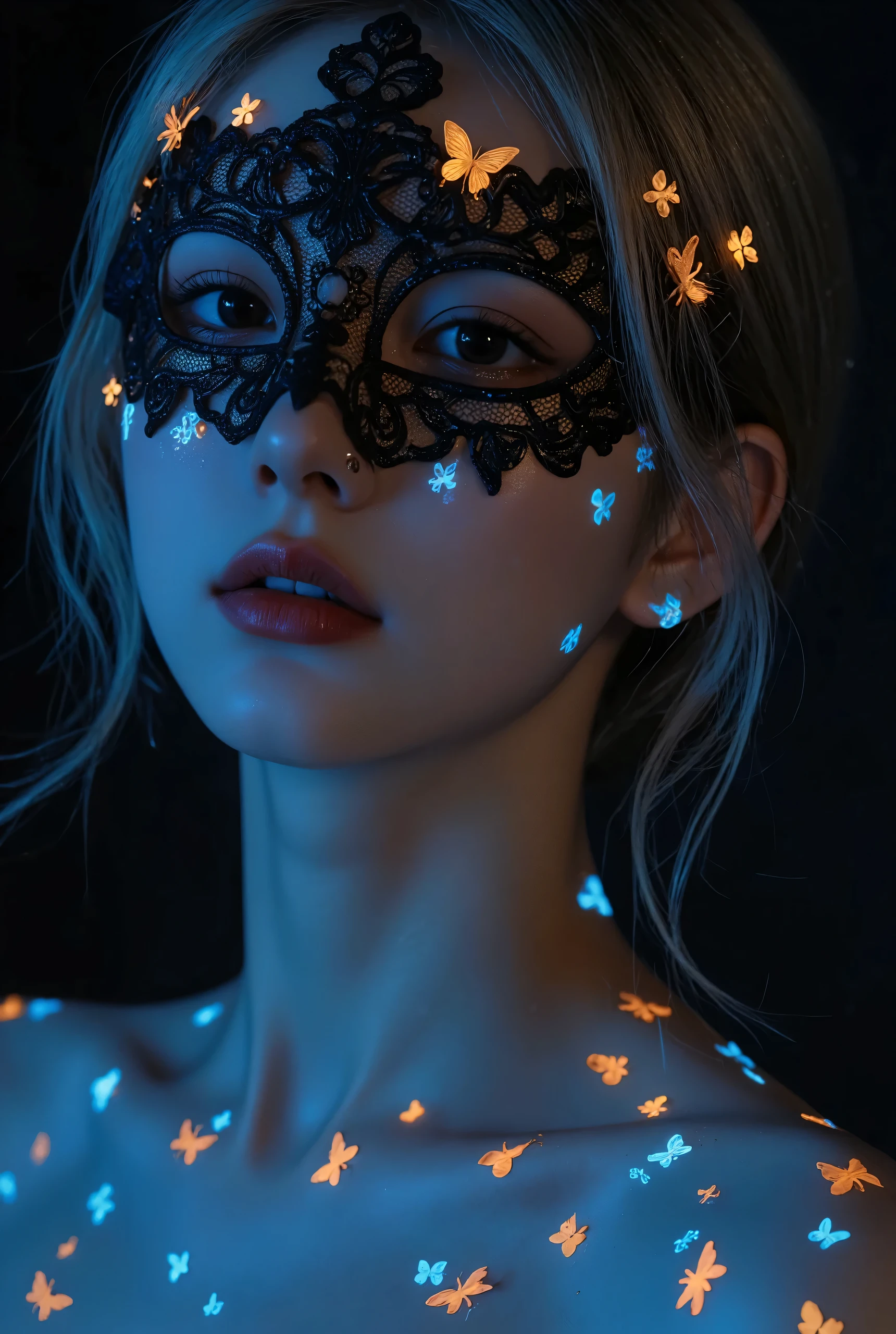 Close-up of a woman's face, focusing on her right side, wearing an ornate, intricate masquerade mask that covers her eyes and upper nose. The mask is detailed with lace-like patterns, embedded with small glowing lights and tiny luminescent butterflies, primarily in blue and orange hues. The mask has an elaborate design that merges seamlessly with her skin, which is illuminated with bioluminescent patterns glowing in shades of blue and orange, covering her neck, shoulders, and chest. Her lips are slightly parted, showing a natural yet deep shade, and her skin has a smooth, porcelain-like texture. Her hair is curly, slightly visible around the mask, and has a soft, silver-blonde color that subtly reflects the glowing lights. The image is highly detailed, with a focus on textures and light, creating a surreal, ethereal atmosphere. The background is dark, making the glowing elements on her face and body stand out, enhancing the mysterious and mystical mood. detailmaximizer,