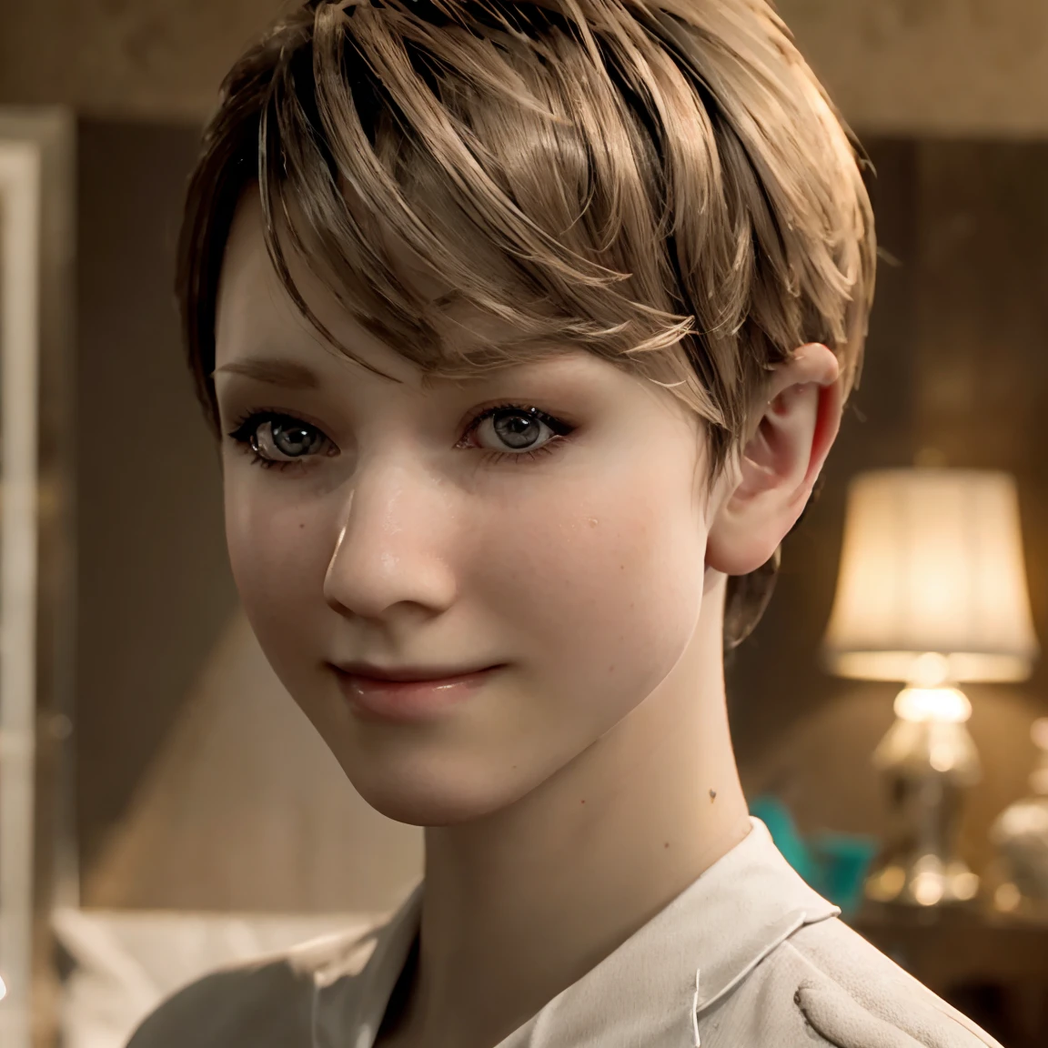 detailed face,((total body)),8k, RAW photo, best quality, masterpiece:1.2, DBHKara, 1girl, short hair, blonde hair,nsfw,smile,((nude)),masterpiece, Highest quality, Ultra-high resolution, Realistic, Kara Detroit Short Hair,Brown Hair,Long eyelashes, Part your lips, Earrings, Very luxurious, Fine, shiny skin, whole body, 