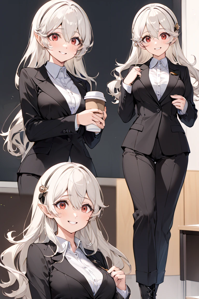 (( best quality )), ((masterpiece)), ( Details), ( Perfect Face)、That woman is 18 year old Kamui.score_9, score_8_ up, score_7_ up, score_6_ up, source_anime, Slim figure、White Hair、 big eyes、 black boots , Black pantsuit、Just the right size bust、 Beautiful Fingers 、 happy 、smile、 office、 Drinking Coffee
