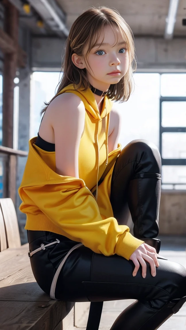 masterpiece, highest quality, Very detailed, 8k, Realistic, One Girl, alone, Tomboy, Very detailed face, (head shot:1.5), Upper Body, Standing in front of a wall covered in hip hop graffiti, Light brown long hair, He is wearing a short black tank top and an open-zipped yellow hoodie.。., Reaching into the pocket of a hoodie