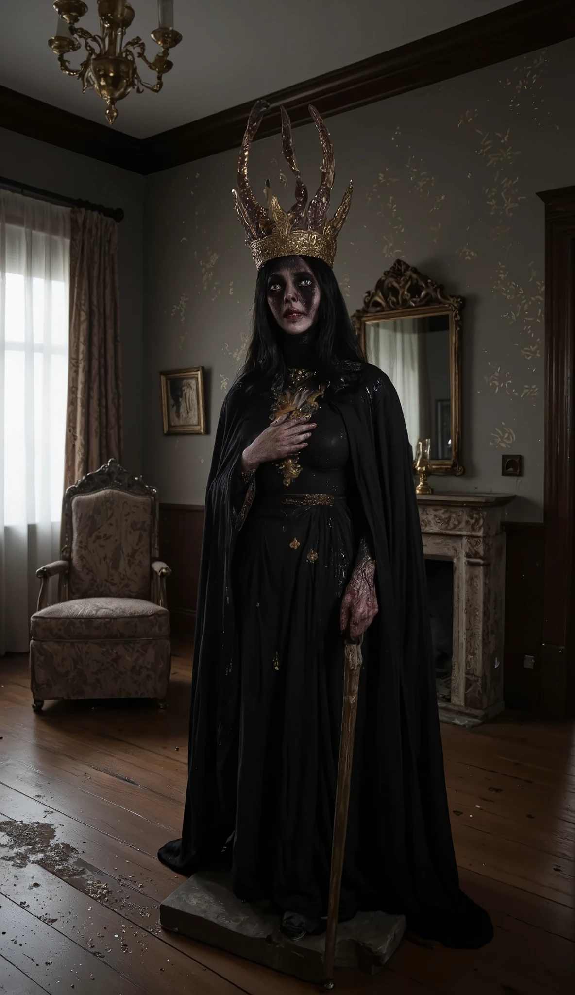 A wax statue of a cursed evil god in a dilapidated mansion deep in the deep, pitch-black forest.