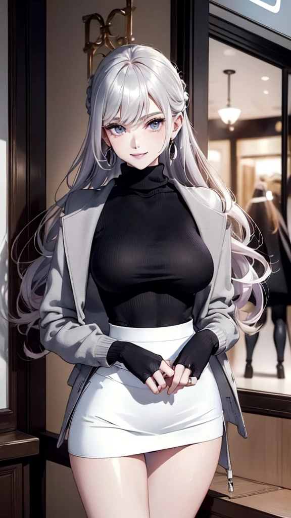 (Masterpiece, Ultra High Definition, Ultra High Quality / 8K Quality), A woman with the most beautiful face and body in history, Anime, Slim body, Tall height, Small face, ((Very large and full breasts)), (Thin waist), ((Big hips)), Balanced proportions, Shiny hair, silver hair, long bangs, (((Updo hair:1.2))), Beautiful and shining eyes, (Clear dark grey eyes:1.2), (((Eyes with shining highlights:1.2))), Long eyelashes, Pink lips, ((Precise, beautiful and exquisite hand and five fingers creation)), (((Charming smile))), (Winter casual fashion), (((black Turtleneck sweater))), (((Long sleeve short jacket))), (((white colored Tight micro mini skirt))), (((front slit skirt))), (Elegant appearance), Red rose hair accessory, Elegant design necklace, (Big earrings), (Bangles), (Ring), Beautiful standing posture like a fashion model, (Shopping at the winter mall background)
