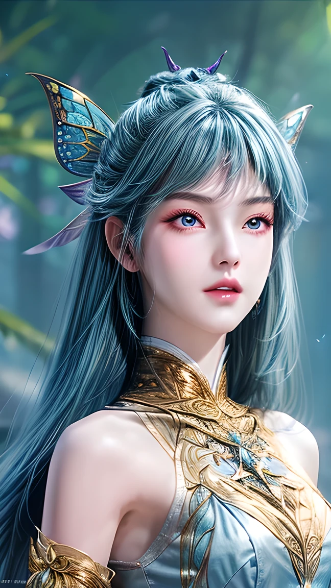 Portrait of a chested 、 Close-up of a woman with very long hair, 4k detail fantasy, Movie goddess close-up, extremely detailed goddess shot , Super detailed fantasy character, Portrait of a zodiac knight girl ,  A Beautiful Fantasy Queen , 2.  5d cgi anime fantasy art , wow 4k detail fantasy,  beautiful and elegant fairy queen ,  portrait of the rainbow butterfly god，Full body blue silk dress ，Distant photos