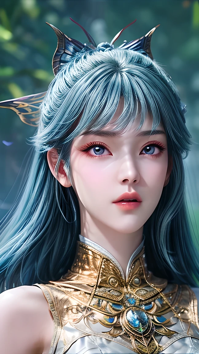 Portrait of a chested 、 Close-up of a woman with very long hair, 4k detail fantasy, Movie goddess close-up, extremely detailed goddess shot , Super detailed fantasy character, Portrait of a zodiac knight girl ,  A Beautiful Fantasy Queen , 2.  5d cgi anime fantasy art , wow 4k detail fantasy,  beautiful and elegant fairy queen ,  portrait of the rainbow butterfly god，Full body blue silk dress ，Distant photos