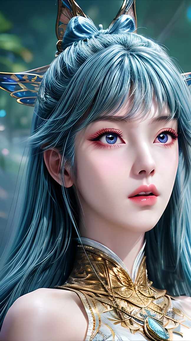 Portrait of a chested 、 Close-up of a woman with very long hair, 4k detail fantasy, Movie goddess close-up, extremely detailed goddess shot , Super detailed fantasy character, Portrait of a zodiac knight girl ,  A Beautiful Fantasy Queen , 2.  5d cgi anime fantasy art , wow 4k detail fantasy,  beautiful and elegant fairy queen ,  portrait of the rainbow butterfly god，Full body blue silk dress ，Distant photos