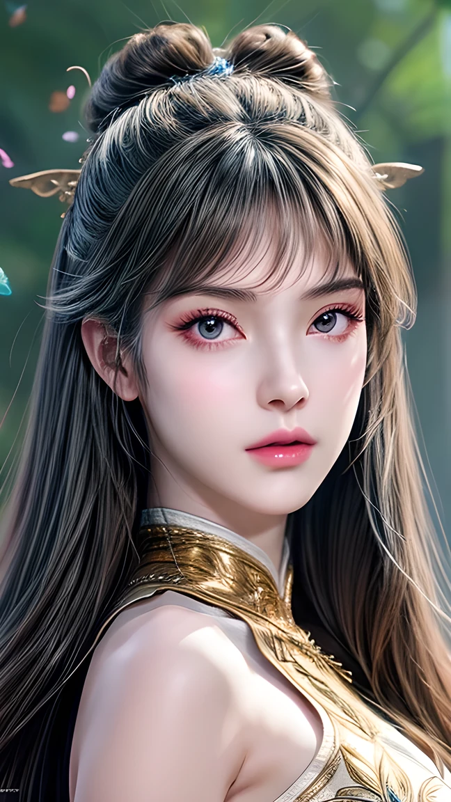 Portrait of a chested 、 Close-up of a woman with very long hair, 4k detail fantasy, Movie goddess close-up,  extremely detailed goddess shot , Super detailed fantasy character, Portrait of a zodiac knight girl ,  A Beautiful Fantasy Queen , 2.  5d cgi anime fantasy art , wow 4k detail fantasy,  beautiful and elegant fairy queen , Portrait of the goddess of rainbow butterflies，whole body