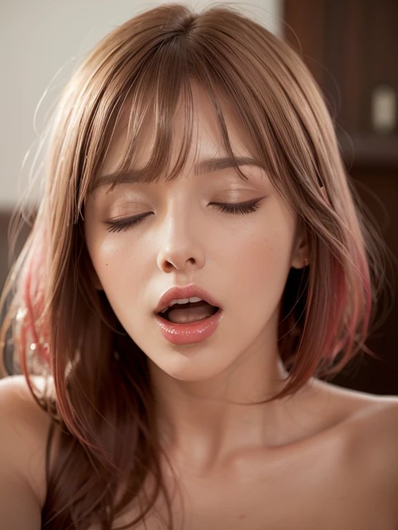  best quality ,  Highest Resolution ,  realistic,  bright and vibrant hues , masterpiece,  red lips, bangs,  short wavy bob hair with flashy color highlights,  beautiful women, She's an intimidating woman ,
 woman who opens her mouth and closes her eyes ,  focus on face ,  face close-up, orgasm face,  shiny, Women with edgy faces , 30 years old