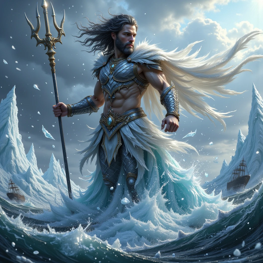 Awe-inspiring, dynamic Close-Up scene of Poseidon an iceberg lifts him from the water. More icebergs surrounding. Winter storm at sea. Snowing heavily. Dark gray hair and beard with icecicles hanging from it. He is donned in silver, ornate, fish scale armor with a white cape. Clutching a trident spear with icecicles hanging off. Ships are being sunk by icebergs in the background. His hair blowing in the wind. Floating Particles, High Resolution, Masterpiece, Award Winning, Super Detailed, Cinematic, Cinematography, Digital Art, Hyperrealism, Depth Of Field, Image Fill, Dynamic Pose, Dynamic Movement 