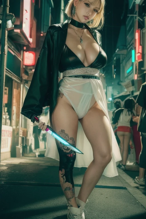 Black Female demon with horns is carrying a huge sword, ((black colour skin)), ((blue hair)), red tattoos, tattoos on entire body, visible nipples, (gigantic breasts: 1,7), huge breasts, very oversized breasts, ((extremely big sagging breasts: 1,7)), very oversized tits, extra wide breasts, very saggy breasts, ((walking in rain)), ((walking in dark streets)), sweaty, holding two swords, the biggest possible tits, enormous breasts, night light, Deep shadows, ((masterpiece)), ((Highest quality)),