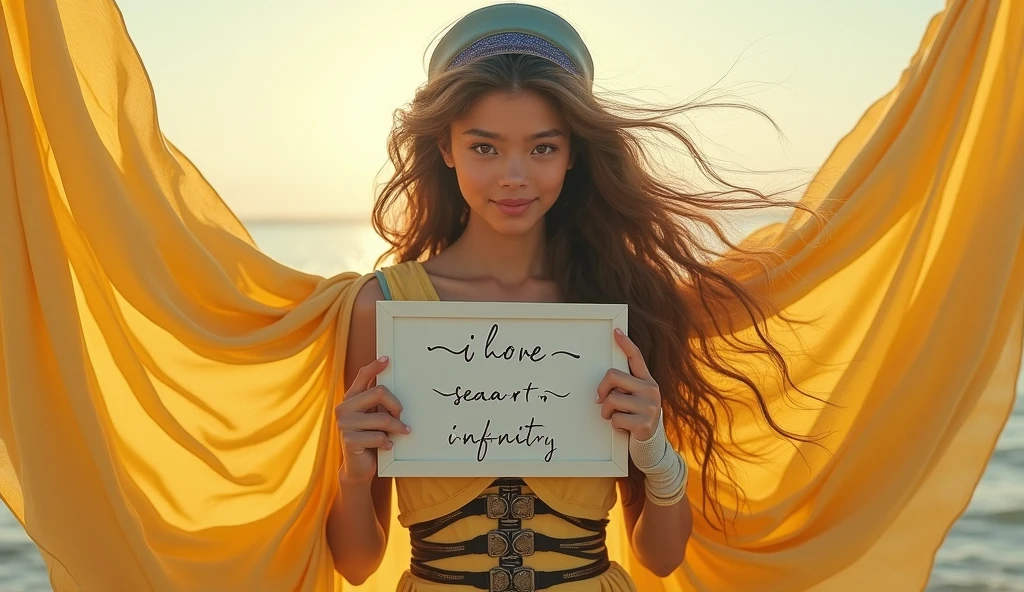 Beautiful girl with wavy long hair, bohemian dress, holding a white board with text "I Love Seaart Infinity" and showing it to the viewer