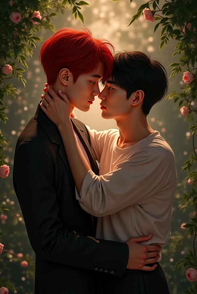 ((best quality)), ((masterpiece)), (detailed), perfect face
Namjoon from BTS hugging a BOY with RED hair, . The boy with his face hidden in BTS Namjoon's chest...