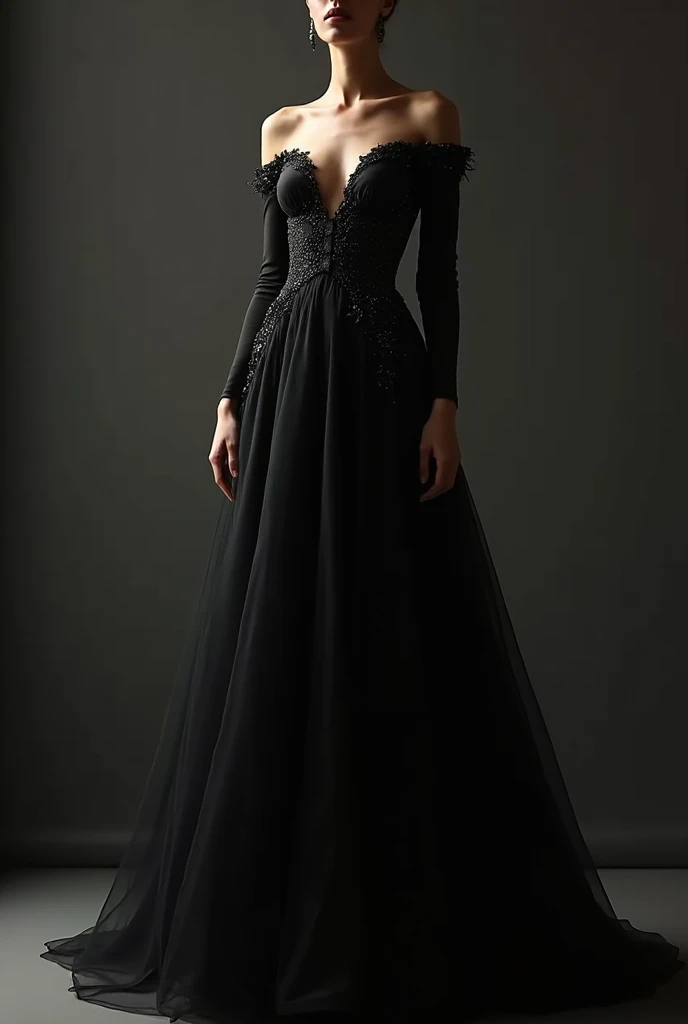 A very pretty and very long black dress without a neckline and long sleeves and black tights and high heels.
