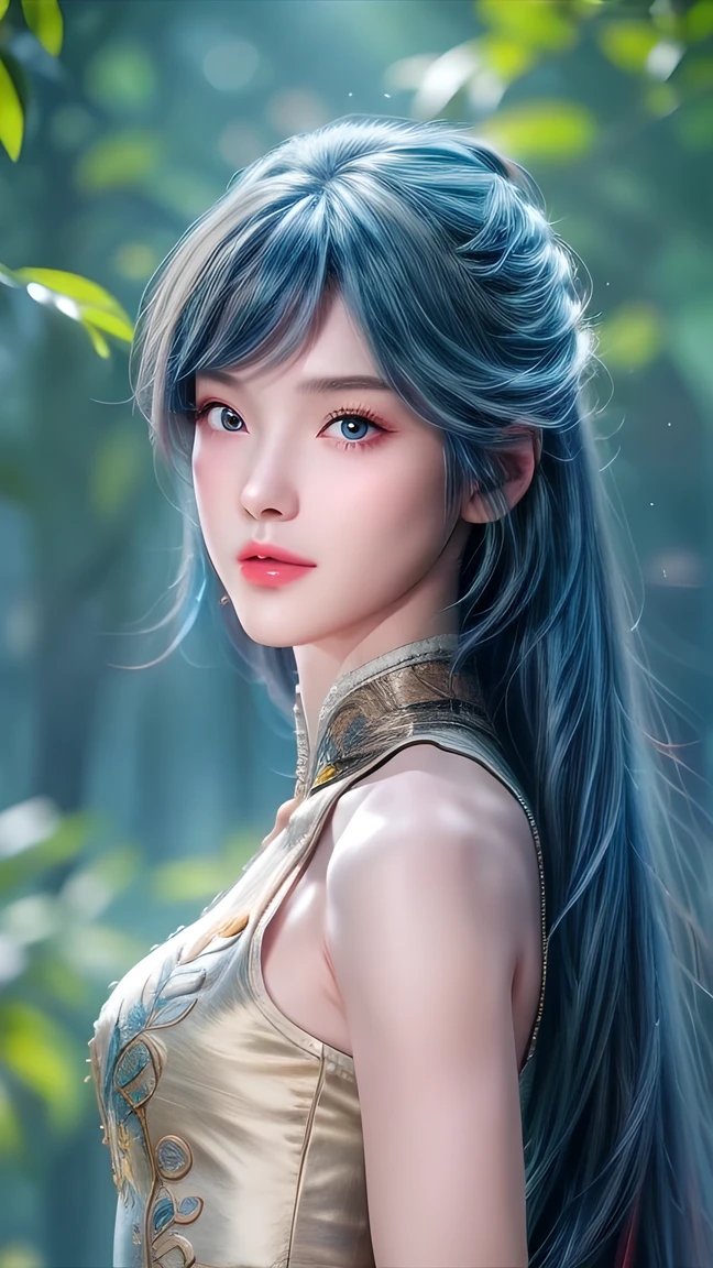 ( Best quality for the best, 8K,  high resolution on the bench,  masterpiece:1.2),  Digital Art,  a girl ,  facial details for taking pictures,  meticulous eyes , Blue-red hair,  Long straight hair ,  Glowing Blue Eyes ,  red lips, Suspenders, Fantasy Landscape, vibrant colors,  Soft Lighting , Imaginative atmosphere , blooming flowers, Flowing Dress ,  fine details, Mysterious Background, Dreamy atmosphere