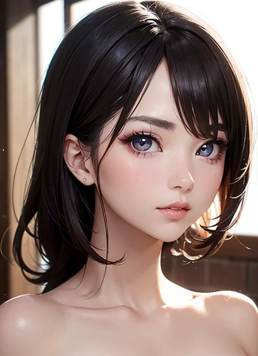 (masutepiece: 1.3), (max resolution: 1.2), (Ultra HDTV: 1.2), cinematric light, 8K resolution, Detailed eyes and skin, detailed facial features, , (Sharp Focus: 1.2), (Focus on Face:1.2),Perfect Style, Beautiful face, acurate, Anatomically correct, ノ Highly detailed facial and skin texture, Detailed eyes, Double eyelids, Thin eyebrows, glitter eyeliner: 1 Natural cheeks, Glossy skin, Fair skin: 1.2, (Glossy lips: 1.4),、 (dumb looking: 1.2),Highly detailed facial and skin texture, Detailed eyes, Double eyelids, Natural cheeks, shiny lips: 1.4,Exposed cleavage、 lony silky black hair、 brown eyes、 voluptuous figure、 spacing out、