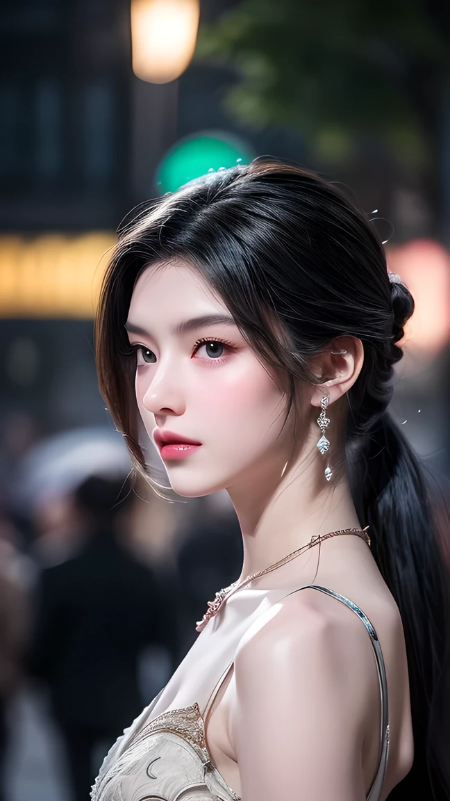 (8k、 top quality、 masterpiece:1.2)、((Adilyn , Wear glass , Black Hair)), Any posture, (An extremely delicate and beautiful work), ( masterpiece), 1 girl standing on , Highly Detailed elegant wedding dresses, Tira, Highly Detailed , Ponytail Twist, charming expression, beautiful and clear eyes, Green pupils, Exquisite necklace, exquisite earrings blurred background , Extremely detailed description , beautiful , charming, an ultra-detailed painting , delicate face, slim figure , slender collarbone , cute, The back is very soft, Mix 4,(8k, original photo, Best Quality , masterpiece:1.2), ( Actual , photo- Actual :1.37), 1 girl standing on , cute, cityscape , night, rain, wet, Professional lighting, Photon Mapping, Radio City , Physically Based Rendering , Above the waist,