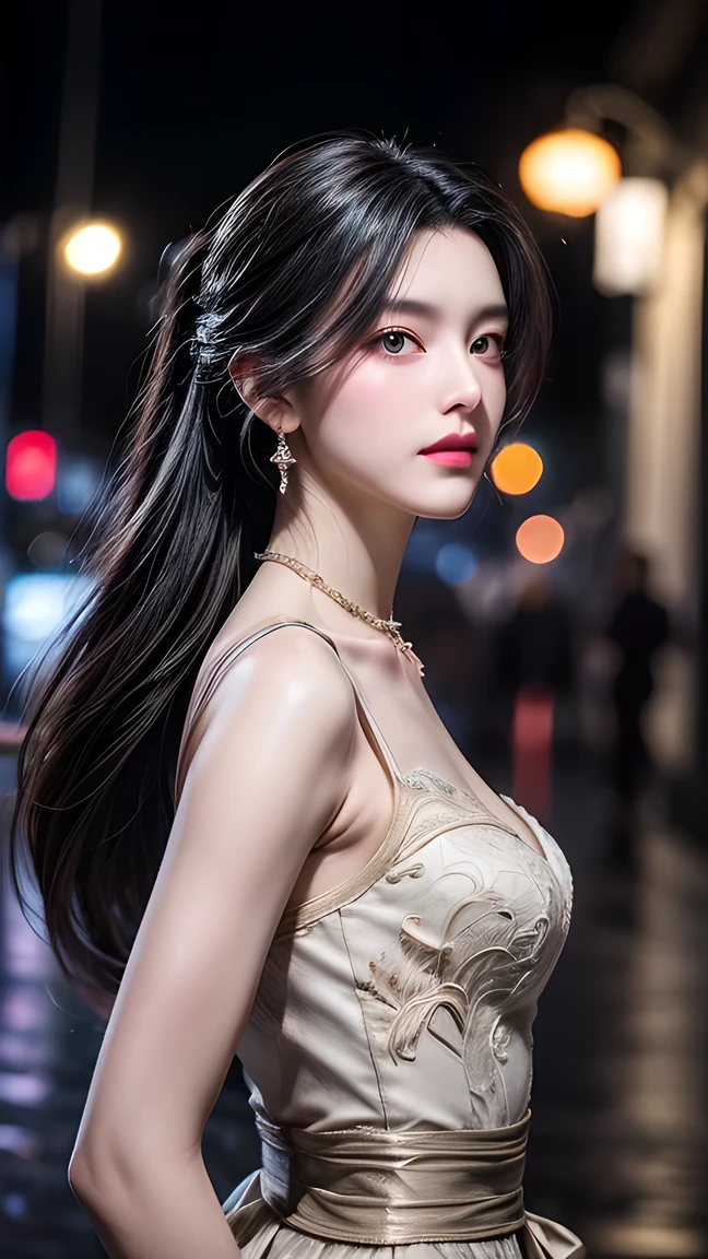 (8k、 top quality、 masterpiece:1.2)、((Adilyn , Wear glass , Black Hair)), Any posture, (An extremely delicate and beautiful work), ( masterpiece), 1 girl standing on , Highly Detailed elegant wedding dresses, Tira, Highly Detailed , Ponytail Twist, charming expression, beautiful and clear eyes, Green pupils, Exquisite necklace, exquisite earrings blurred background , Extremely detailed description , beautiful , charming, an ultra-detailed painting , delicate face, slim figure , slender collarbone , cute, The back is very soft, Mix 4,(8k, original photo, Best Quality , masterpiece:1.2), ( Actual , photo- Actual :1.37), 1 girl standing on , cute, cityscape , night, rain, wet, Professional lighting, Photon Mapping, Radio City , Physically Based Rendering , Above the waist,
