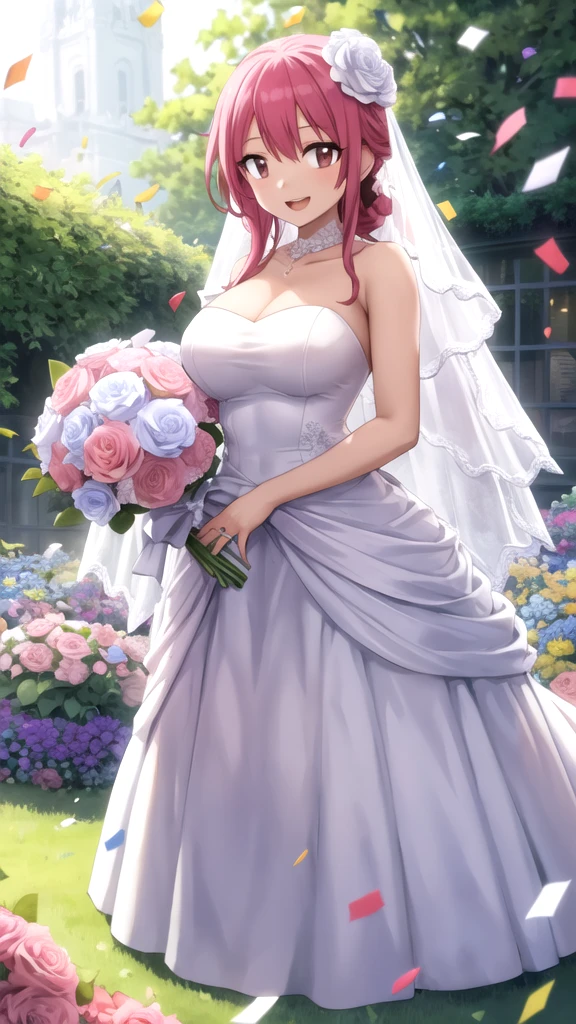 masterpiece, best quality, highres, aalaura, long hair, eyepatch, small breasts, wedding dress, cleavage, necklace, strapless, white dress, garden, standing, holding bouquet, open mouth, smile, confetti,