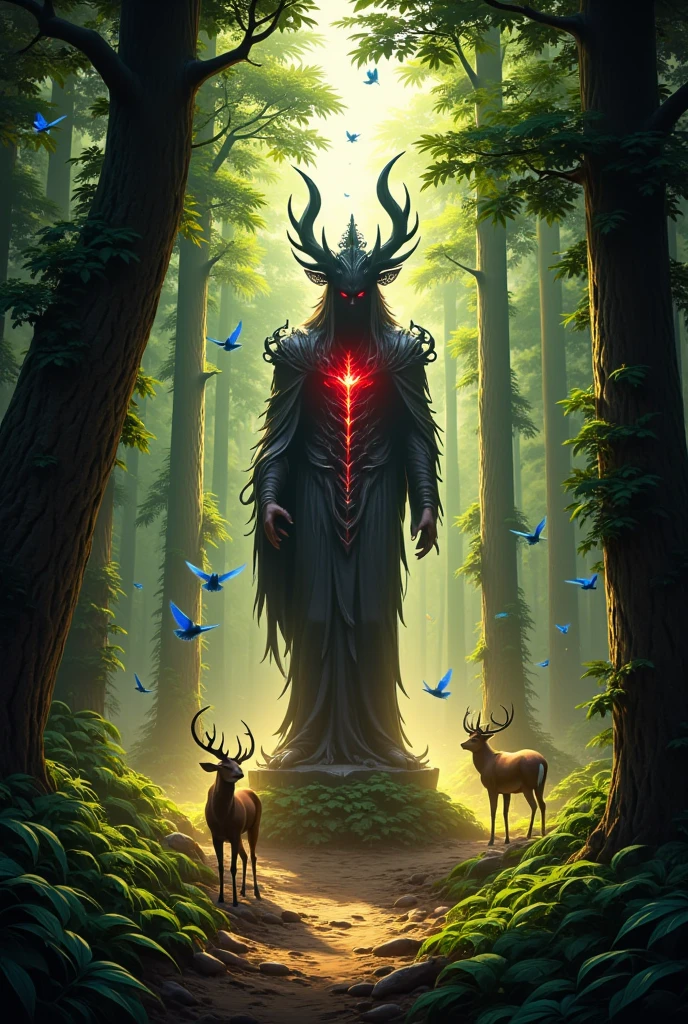 Beautiful forest, with trees, blue birds, sunlight, deers, a dark red statue in the middle with black aura radiating from it, a dark red statue in the middle of forest