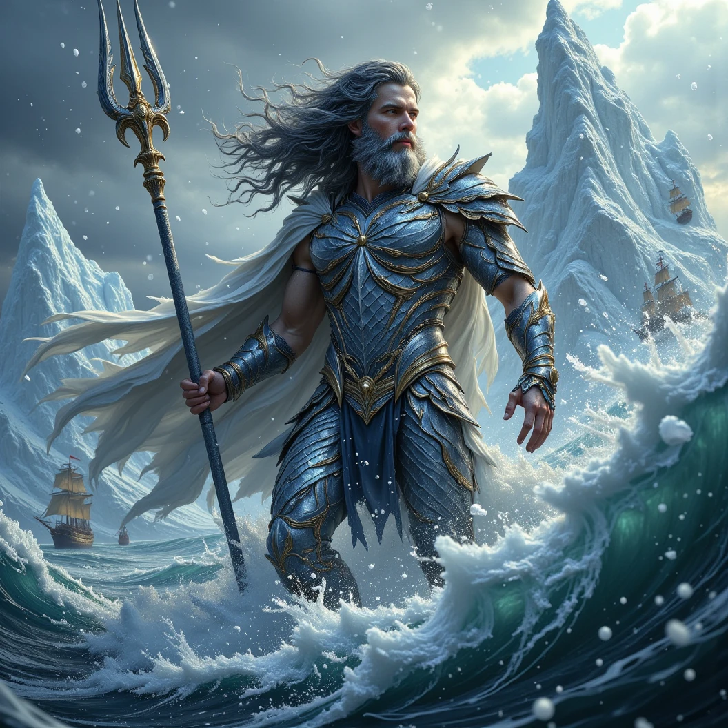 Awe-inspiring, dynamic Close-Up scene of Poseidon an iceberg lifts him from the water. More icebergs surrounding. Winter storm at sea. Snowing heavily. Dark gray hair and beard with icecicles hanging from it. He is donned in silver, ornate, fish scale armor with a white cape. Clutching a trident spear with icecicles hanging off. Ships are being sunk by icebergs in the background. His hair blowing in the wind. Floating Particles, High Resolution, Masterpiece, Award Winning, Super Detailed, Cinematic, Cinematography, Digital Art, Hyperrealism, Depth Of Field, Image Fill, Dynamic Pose, Dynamic Movement 