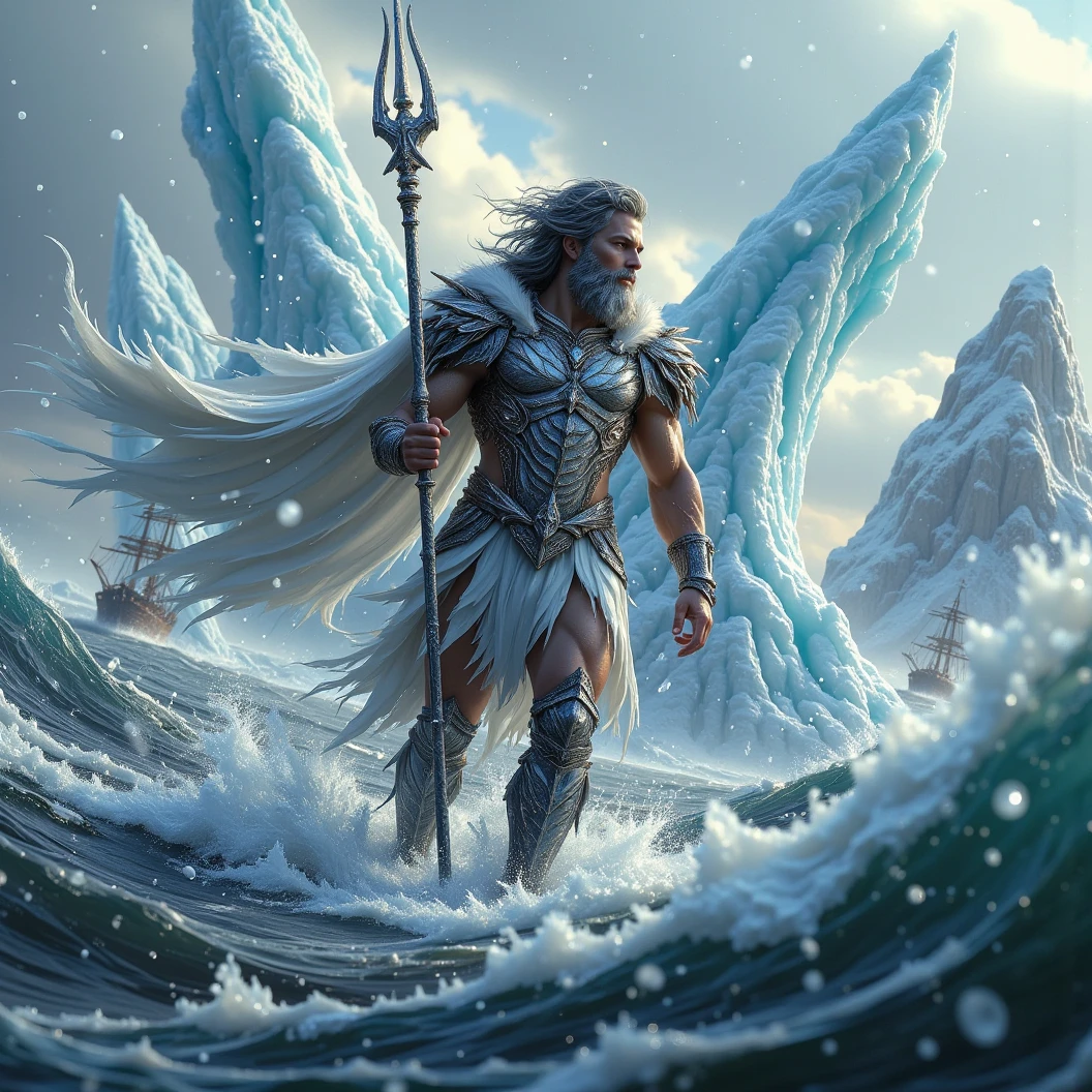 Awe-inspiring, dynamic Close-Up scene of Poseidon an iceberg lifts him from the water. More icebergs surrounding. Winter storm at sea. Snowing heavily. Dark gray hair and beard with icecicles hanging from it. He is donned in silver, ornate, fish scale armor with a white cape. Clutching a trident spear with icecicles hanging off. Ships are being sunk by icebergs in the background. His hair blowing in the wind. Floating Particles, High Resolution, Masterpiece, Award Winning, Super Detailed, Cinematic, Cinematography, Digital Art, Hyperrealism, Depth Of Field, Image Fill, Dynamic Pose, Dynamic Movement 