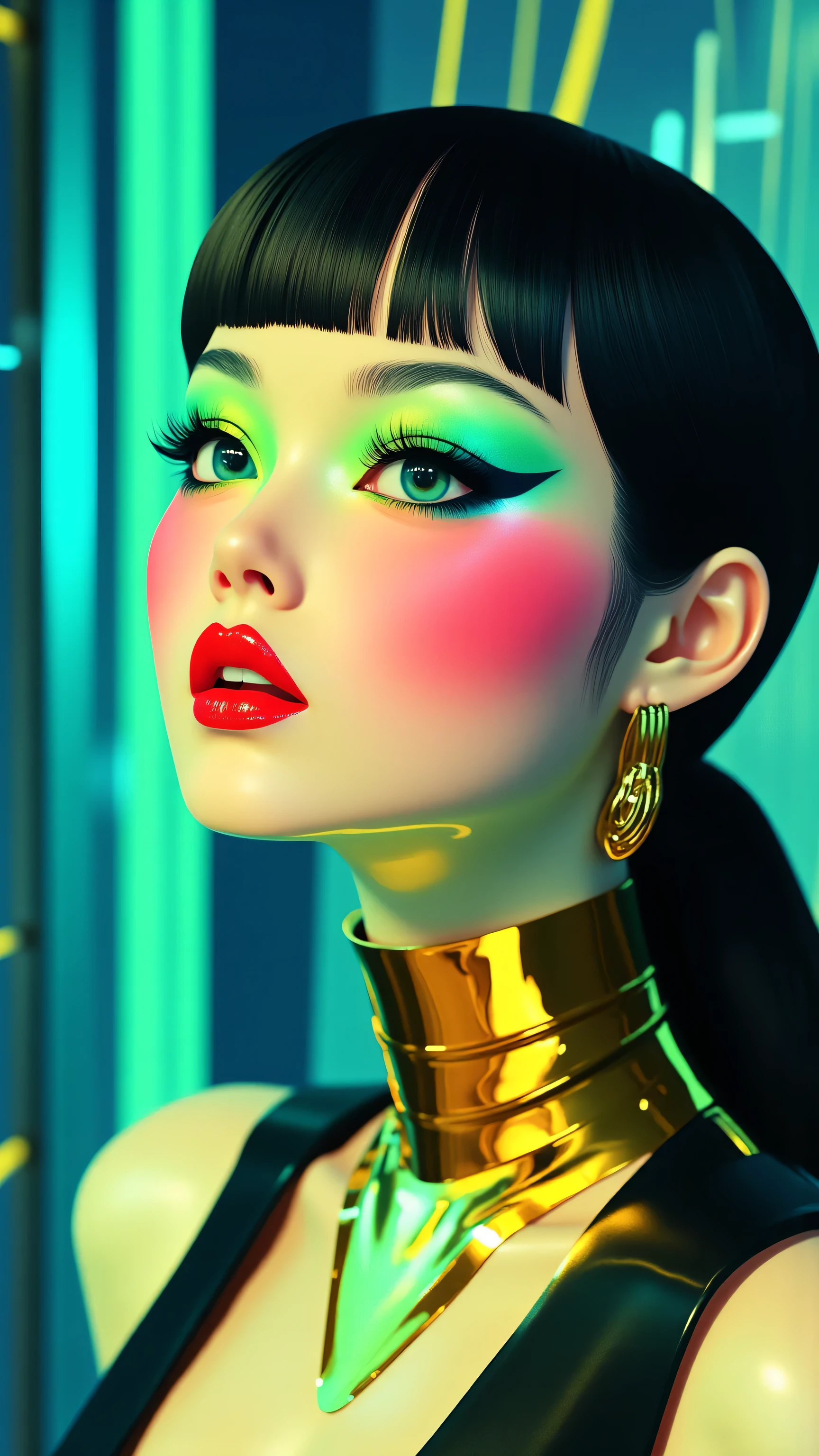 80’s glam rock makeup on shiny face, asian girl, anime, 2.5D, moody lighting, (green, pink, gold), pretty, sexy, minimal, sleek, slender, asian, elegant, futuristic, retro, sophisticated half human half machine, mouth open wide, Kizi，(eyes looking off to side), Highly detailed, Amazing work，Vitreous luster, blues, yellows, Best quality at best，shiny skin, no background, colorful background, green background, pink background, gold, background, plunging neckline, sexy pose, dynamic pose, heavy blushing, huge breasts, 