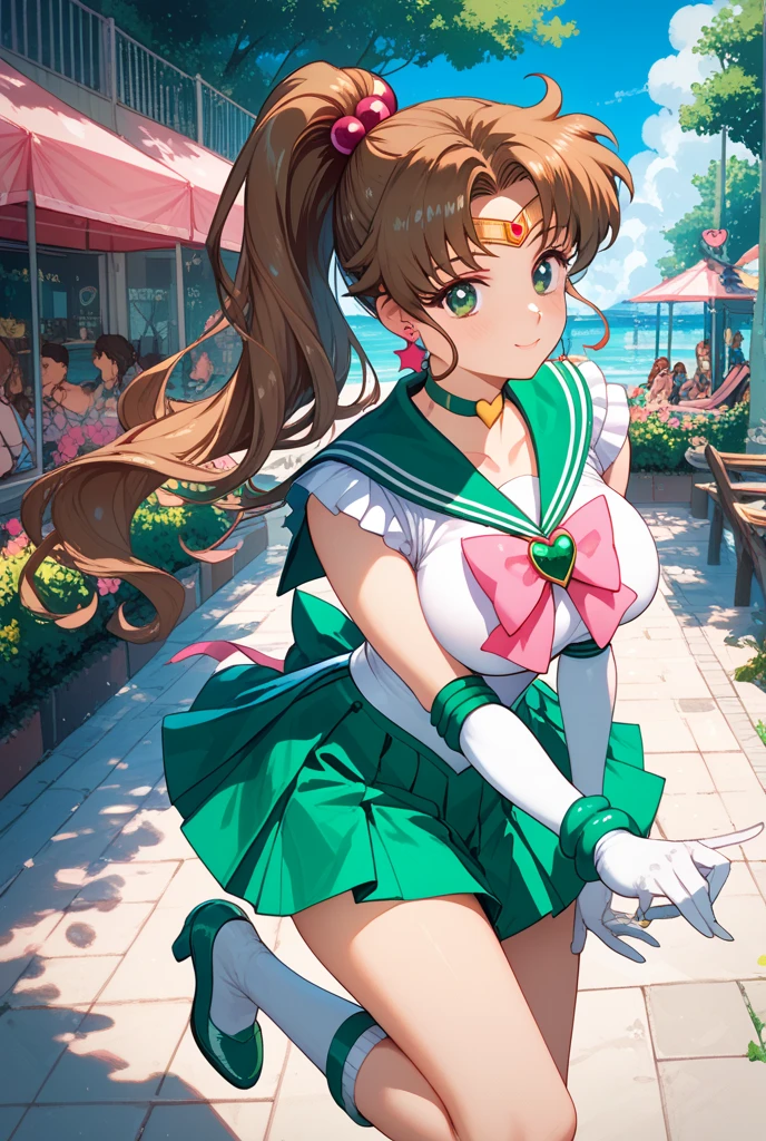 makoto kino,1girl,sailor senshi,magical girl,brown hair,long hair,ponytail,parted bangs,green eyes,large breasts,sailor senshi uniform,white gloves,green elbow gloves,microskirt,pleated skirt,green skirt,green sailor collar,green choker,hair bobbles,hair ornament,star choker,red earrings,flower earrings,pink bow,green brooch,heart brooch,circlet,green jewelry,pink back bow,green shoes,amusement_park,