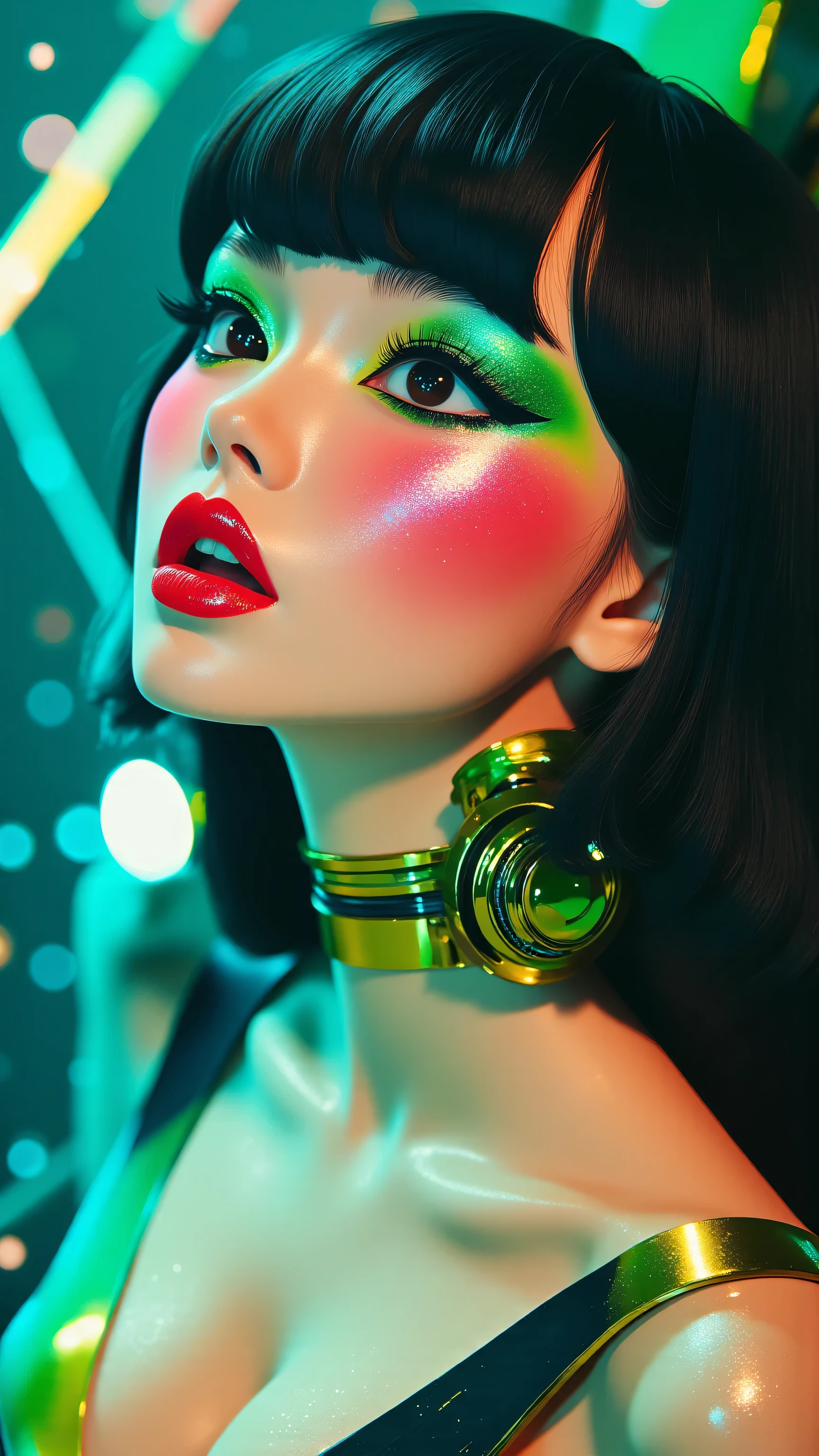 80’s glam rock makeup on shiny face, asian girl, anime, 2.5D, moody lighting, (green, pink, gold), pretty, sexy, minimal, sleek, slender, asian, elegant, futuristic, retro, sophisticated half human half machine, mouth open wide, Kizi,(eyes looking off to side), Highly detailed, Amazing work,Vitreous luster, blues, yellows, Best quality at best,shiny skin, no background, colorful background, green background, pink background, gold, background, plunging neckline, sexy pose, dynamic pose, heavy blushing, huge breasts,