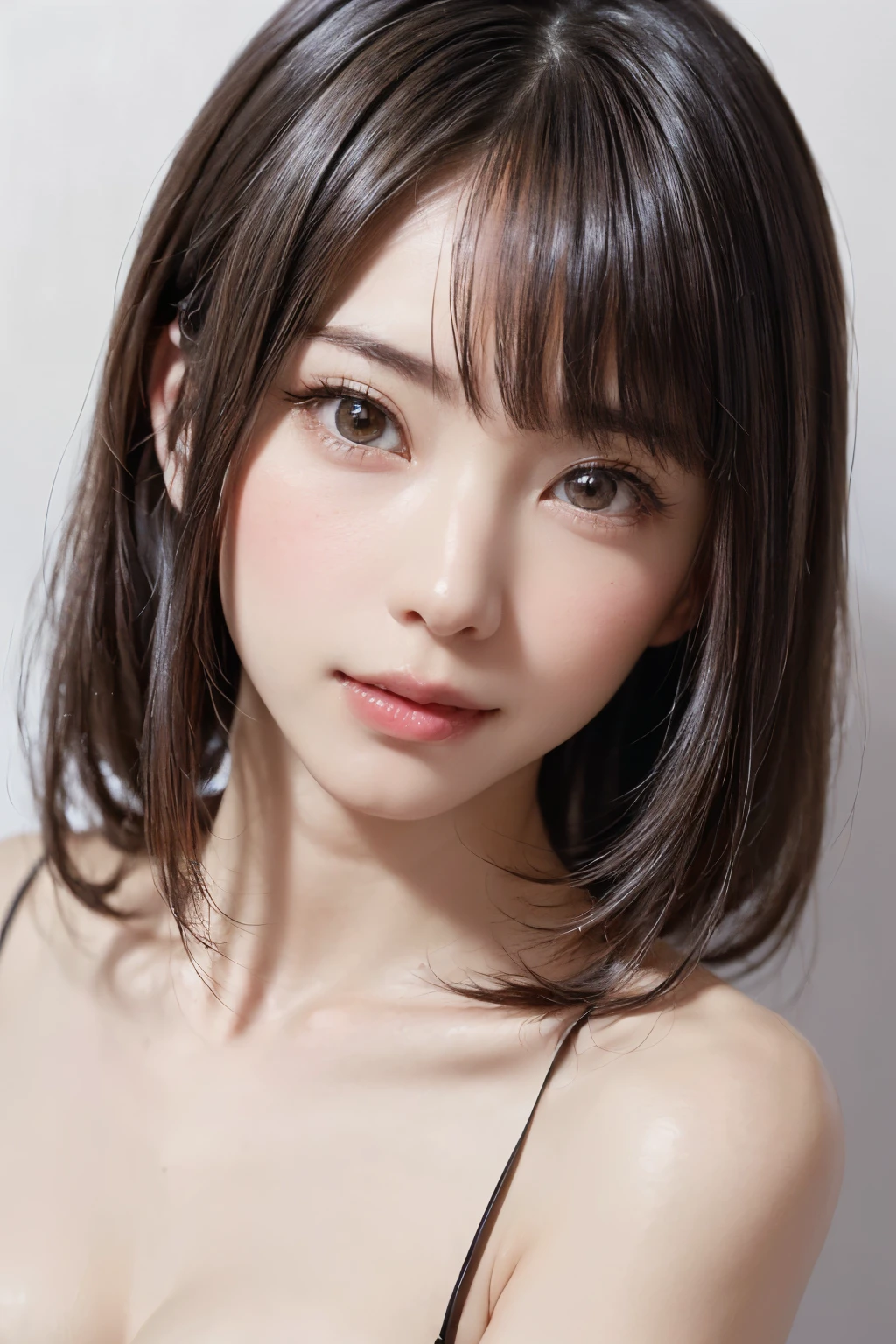 ((masterpiece, Highest quality, High resolution、Everything is beautifully detailed)), 1 girl, (Realistic: 1.4), alone, White Background, snow-White Background, Mouth closed, Smile, Smile, Beautiful black hair, short hair, Big eyes, Transparent double eyelids, eyelash, Listen carefully, Long neck, 美しくLong neck, Absolute area, ((Face close-up)), (Draw the whole head, shoulder), 19 years old, Attractive proportions, Glowing Skin, Beautiful collarbone, Golden ratio face, Perfect Face, Teardrop-shaped moles, Mole on chest, bangs, clean bangs, beautiful bangs, Lip gloss, Thin lips, Fair skin, naked, Big Breasts, {gigantic|big|huge|mega} breasts, cleavage,Small face, Small face, All the heads are painted, shoulder all drawn, Looking slightly above the camera