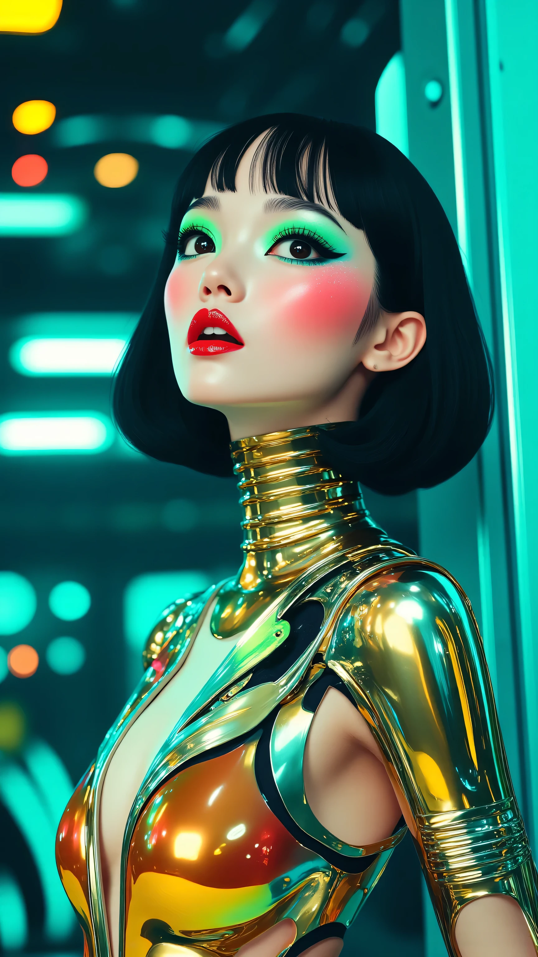 80’s glam rock makeup on shiny face, asian girl, anime, 2.5D, moody lighting, (green, pink, gold), pretty, sexy, minimal, sleek, slender, asian, elegant, futuristic, retro, sophisticated half human half machine, mouth open wide, Kizi,(eyes looking off to side), Highly detailed, Amazing work,Vitreous luster, blues, yellows, Best quality at best,shiny skin, no background, colorful background, green background, pink background, gold, background, plunging neckline, sexy pose, dynamic pose, heavy blushing, huge breasts,