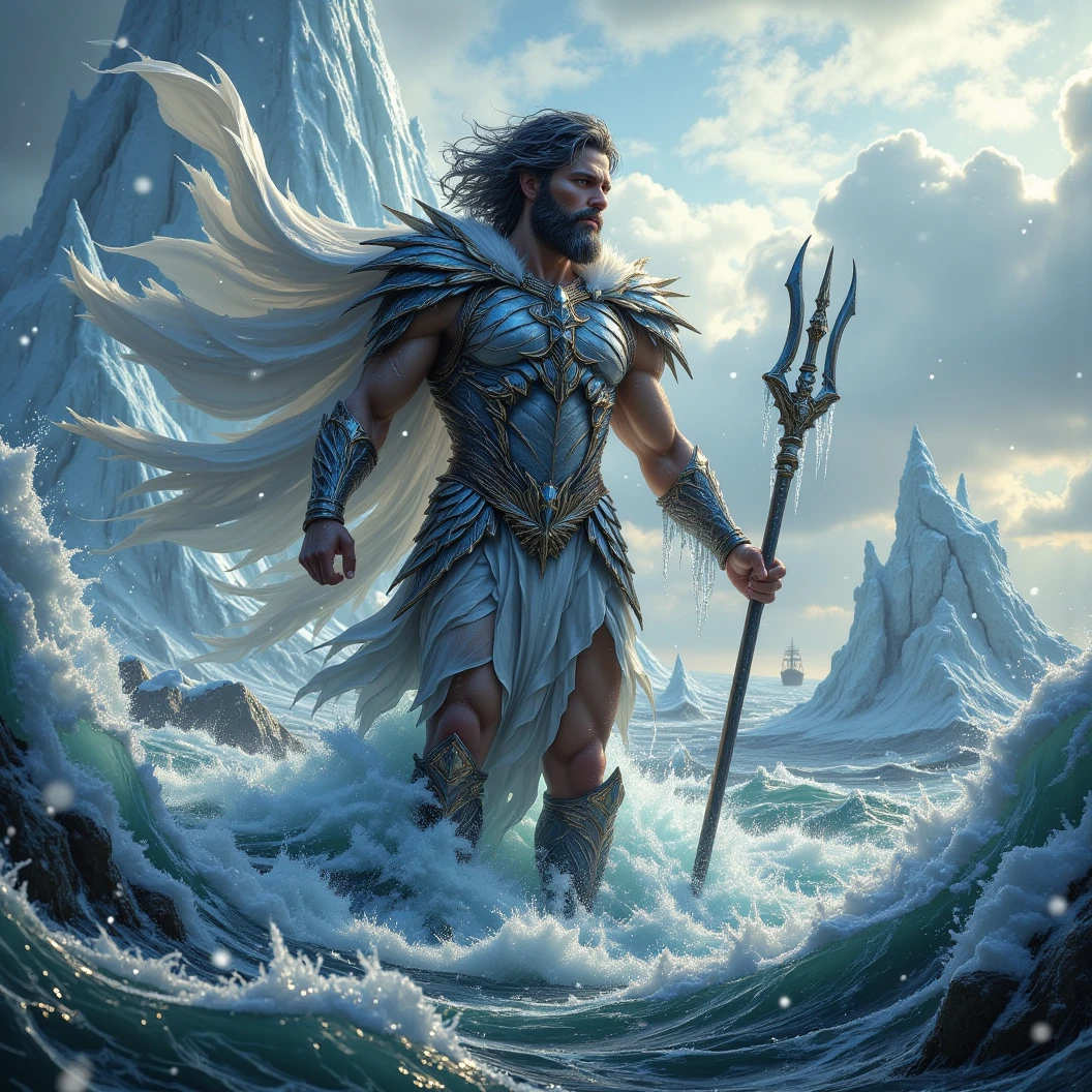 Awe-inspiring, dynamic Close-Up scene of Poseidon an iceberg lifts him from the water. More icebergs surrounding. Winter storm at sea. Snowing heavily. Dark gray hair and beard with icecicles hanging from it. He is donned in silver, ornate, fish scale armor with a white cape. Clutching a trident spear with icecicles hanging off. Ships are being sunk by icebergs in the background. His hair blowing in the wind. Floating Particles, High Resolution, Masterpiece, Award Winning, Super Detailed, Cinematic, Cinematography, Digital Art, Hyperrealism, Depth Of Field, Image Fill, Dynamic Pose, Dynamic Movement 