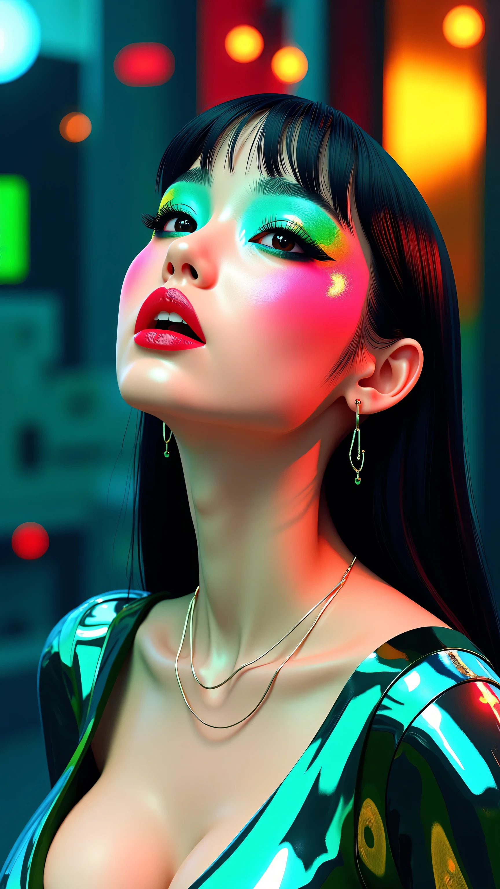 80’s glam rock makeup on shiny face, asian girl, anime, 2.5D, moody lighting, (green, pink, gold), pretty, sexy, minimal, sleek, slender, asian, elegant, futuristic, retro, sophisticated half human half machine, mouth open wide, Kizi,(eyes looking off to side), Highly detailed, Amazing work,Vitreous luster, blues, yellows, Best quality at best,shiny skin, no background, colorful background, green background, pink background, gold, background, plunging neckline, sexy pose, dynamic pose, heavy blushing, huge breasts,